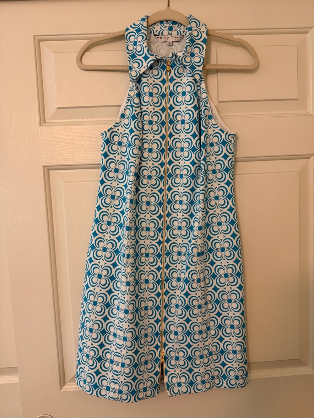 Trina Turk Turquoise and White Geometric Zip-Front Midi Dress